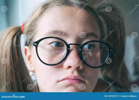 Boring School Nerdy Funny Girl With Ponytails In Eyeglasses Stock Image Image Of Attitude