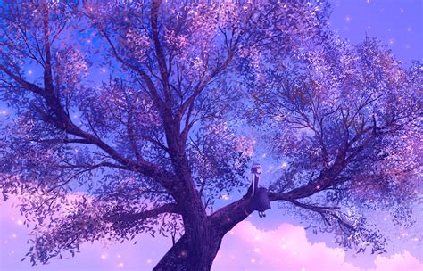 Anime Girl Sitting On Purple Big Tree 4k Wallpaperhd Anime Wallpapers4k Wallpapersimages