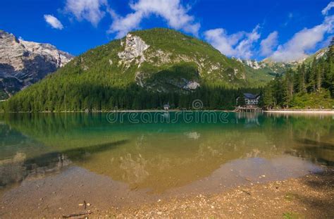 Paradise Braies Lake In The Summer Season In The Italian Dolomites