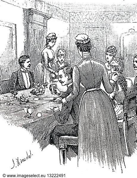 An Engraving Depicting Parlour Maids Serving At Table An Engraving