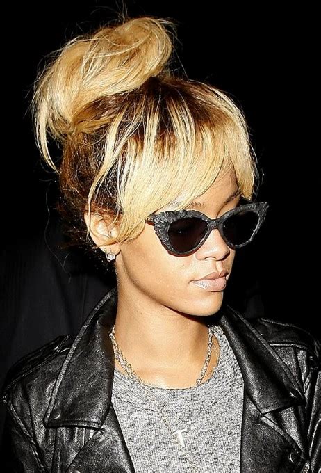 Rihanna High Bun Updo Stylish Messy Bun Updos With Bangs Hairstyles