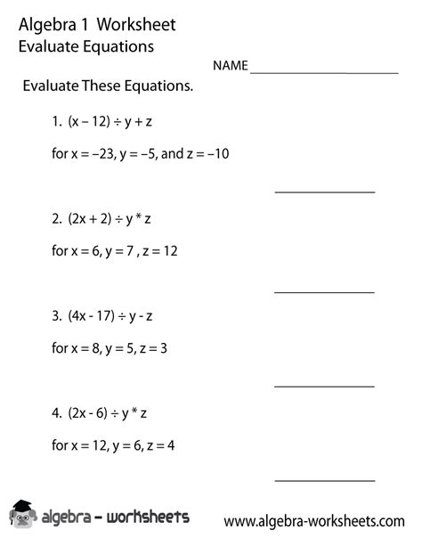 Print The Free Evaluate Equations Algebra 1 Worksheet Printable Version