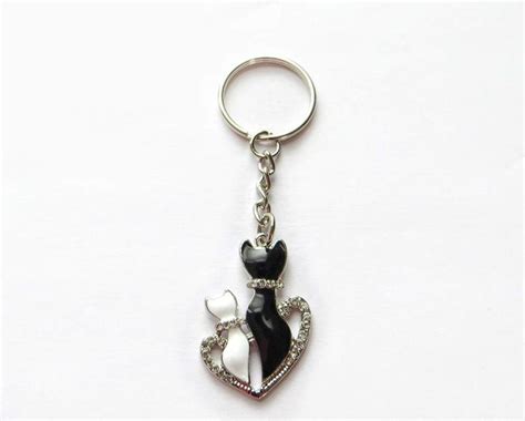 Cat Lover Key Chain Black And White Cats With Rhinestone Etsy Birthday Ts For Her