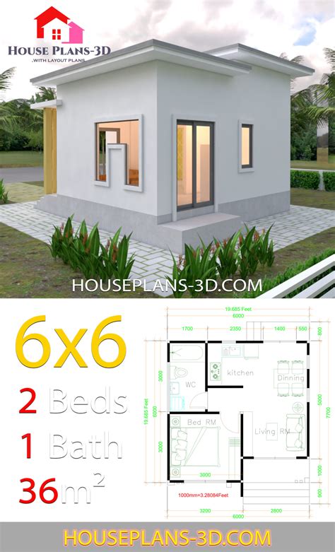 You don't have to sleep in it! House Plans 6x6 with One Bedrooms Flat Roof - House Plans 3D