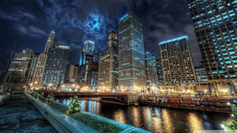 Downtown Chicago At Night Hdr Wallpaper Travel And World Wallpaper