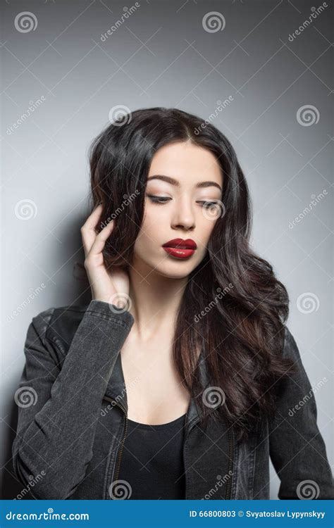 Fashion Model Woman With Dark Red Lips In Studio Stock Image Image Of