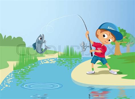 Boy Fishing In A River Vector Stock Vector Colourbox