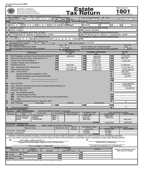 Bir Form No 1801 Estate Tax Return Pdf Pdf Estate Tax In The United