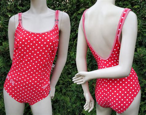 Vintage Red Polka Dot One Piece Swimsuit Bright Monokini Etsyde