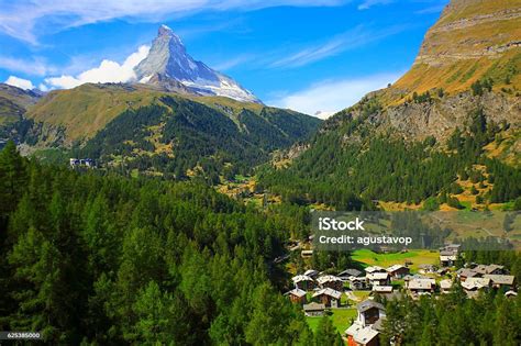 Matterhorn Above Zermatt Alpine Village Swiss Chalets Panorama Swiss