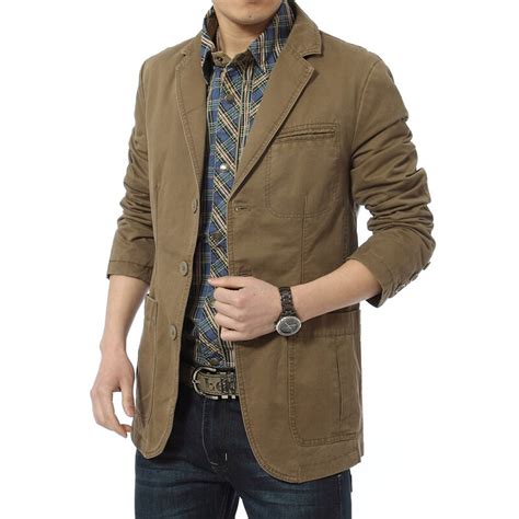 Blazer Men Casual Suit Cotton Denim Parka Men S Slim Fit Jackets Army Green Khaki Large Size