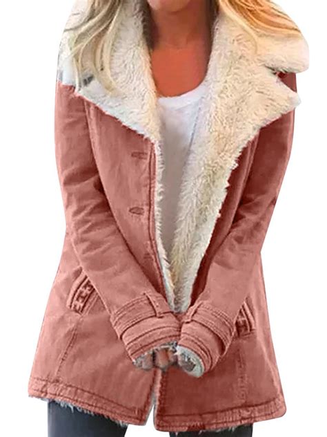 Womens Fluffy Long Sleeve Button Down Coat Casual Jacket Winter Warm ...