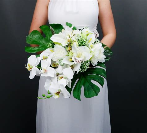 Tropical Wedding Bouquet With White Orchids And Greenery Large