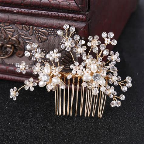 Vintage Gold Crystal Pearl Floral Hair Combs Tiaras De Noiva Headpiece