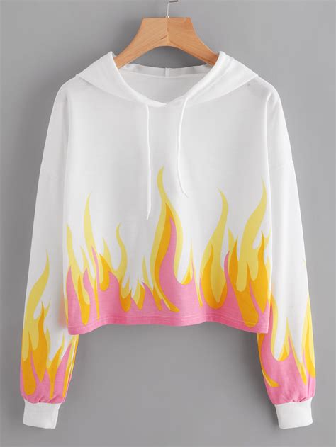 Flame Pattern Drop Shoulder Crop Hoodie Girls Fashion Clothes