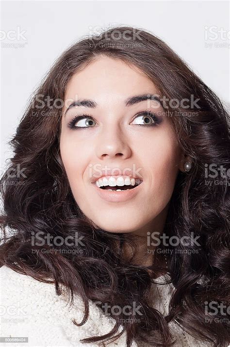 Portrait Beautiful Young Happy Smiling Woman Long Curly Hair Stock