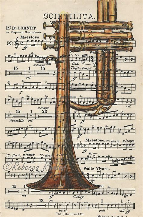 Trumpet Watercolor Painting On Vintage Sheet Music Sheet Music Art