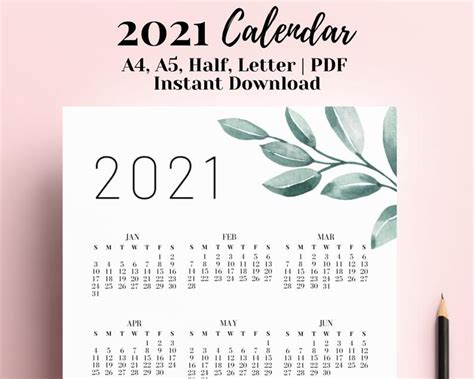 Minimalist 2021 Calendar Printable Botanical Monthly Planning Etsy