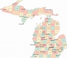 Multi Color Michigan Map with Counties, Capitals, and Major Cities