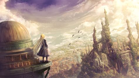 Download 1920x1080 Anime Fantasy World Landscape Girl Back View