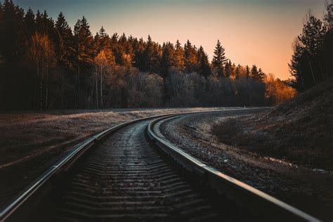 Railway Railroad Track Trees Landscape Forest Sunlight