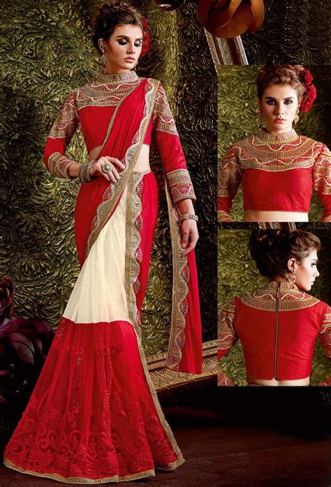 Red Ivory White Knitted Net Wedding Saree Bridal Bridalwear