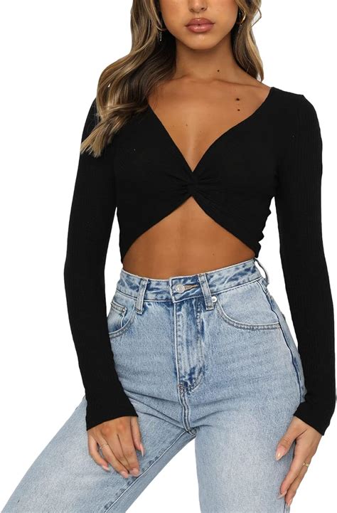 Women Sexy Deep V Neck Knitted Crop Tops Casual Long Sleeve Solidcolor