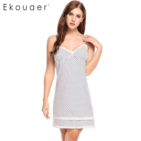 Ekouaer Polka Dot Sleepshirts Nightgown Women Sexy Spaghetti Strap Nightdress Lace Patchwork