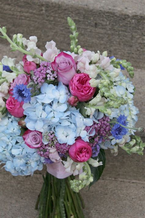 Bridal Bouquet Made Up Fresh Blue Hydrangeas Light Pink