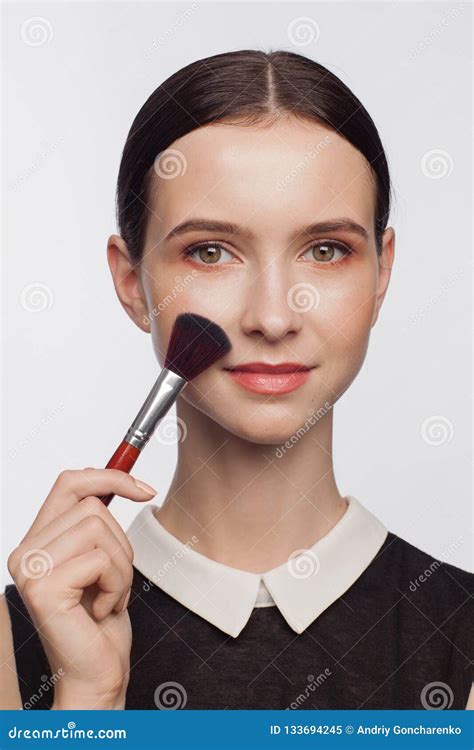 Woman Holds Makeup Brush In Her Hand Stock Image Image Of Health