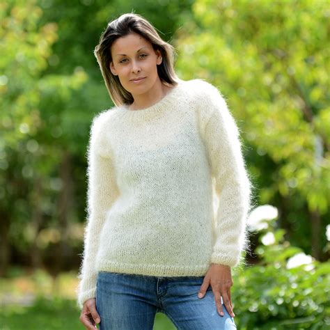 Hand Knit Mohair Sweater White Color Fuzzy Crew Neck Jumper Etsy