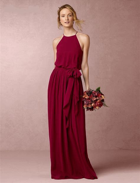 elegant halter wine red floor length made maid of honor bridesmaid dress