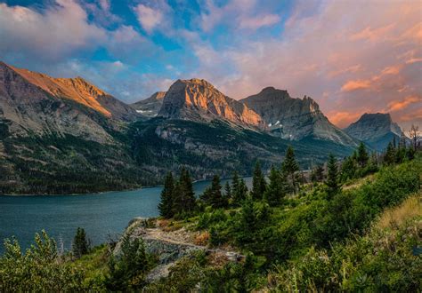 Sunset Hues Sunset By Saint Lake Mary At Glacier National Park In