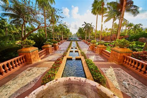 Beautiful Tropics Gardens With Palm Trees And Tiers Of Water Stock