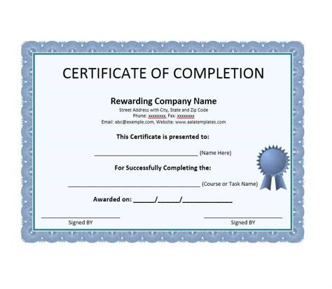 Certificate Of Completion Sample Editable Msword Document Blank