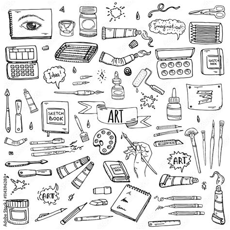 Hand Drawn Doodle Art And Craft Tools Icons Set Vector Illustration Art