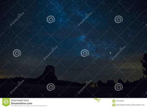 Beautiful Devil Tower At Night With Milkyway In Clear Night Sky Stock