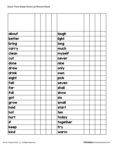 Third Grade Dolch Sight Word Printables A To Z Teacher Stuff