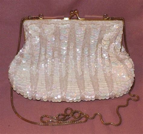 Vintage La Regale Beaded Sequined White Evening Bag Purse Goldtone