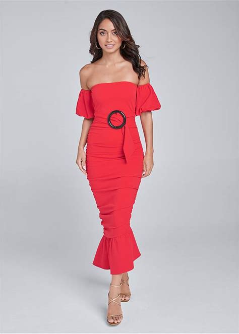 Off Shoulder Ruched Dress In Red Venus