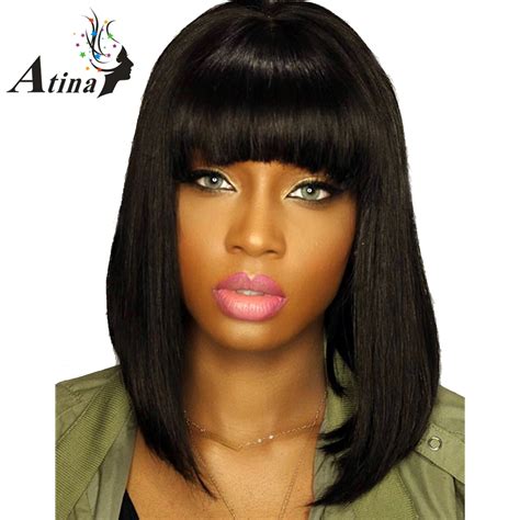 Buy Short Human Hair Wigs With Bangs Straight Lace