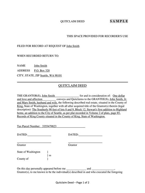 Example Of A Quit Claim Deed Completed Form Fill Out