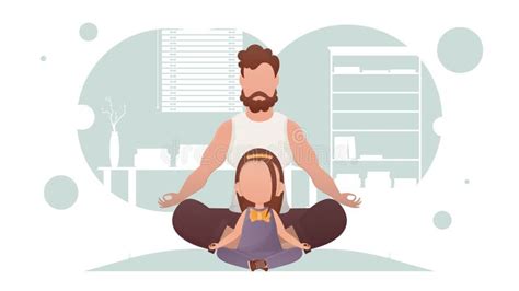 Father And Daughter Sit In The Lotus Position Yoga Cartoon Style