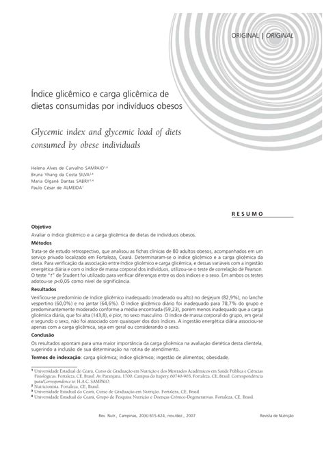 Pdf Índice Glicêmico E Carga Glicêmica De Dietas Consumidas Por