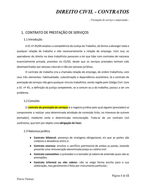 Contratos Prestação de serviços DIREITO CIVIL CONTRATOS de e empreitada CONTRATO DE DE