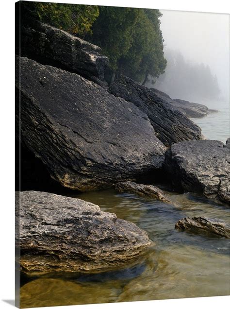 Large Boulders On Misty Lake Michigan Shoreline Newport Bay Newport