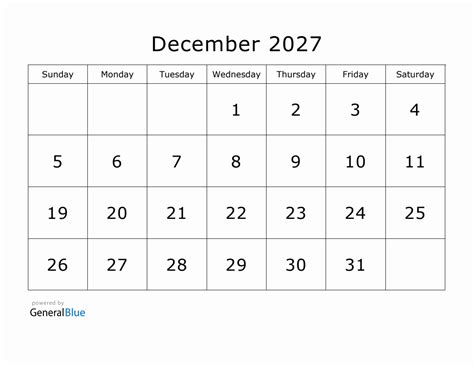 Printable December 2027 Calendar
