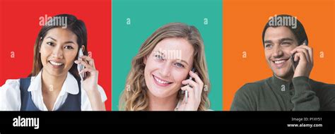 People On Phones In Colorful Square Sections Stock Photo Alamy