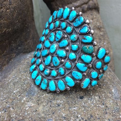 Vintage S Zuni Petit Point Cluster Cuff With Exceptional Blue Gem
