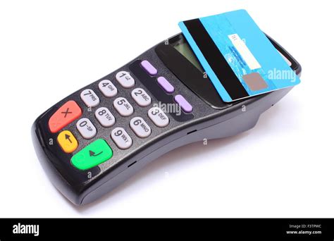 Payment Terminal With Contactless Credit Card On White Background